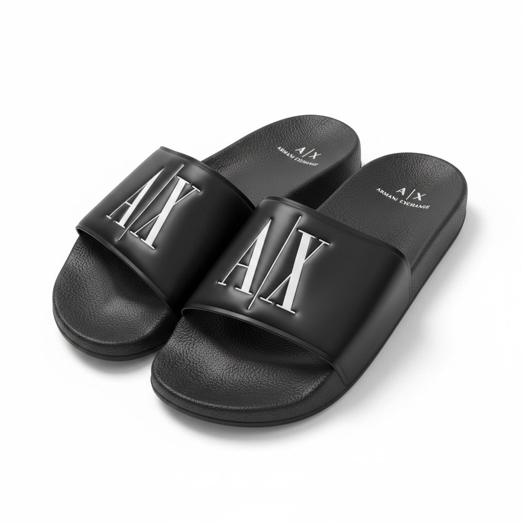 picknpack Armani Exchange black slide sandals with embossed metallic A|X logo on a contoured footbed