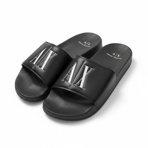 picknpack Armani Exchange black slide sandals with embossed metallic A|X logo on a contoured footbed