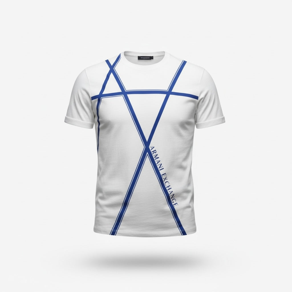 picknpack Armani Exchange white cotton crew neck t-shirt with bold blue geometric graphic print and logo branding