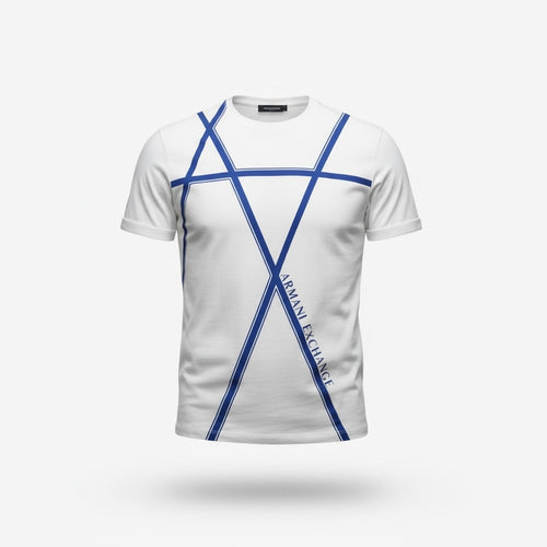 picknpack Armani Exchange white cotton crew neck t-shirt with bold blue geometric graphic print and logo branding