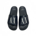 picknpack navy blue Armani Exchange slide sandals with white A|X logo on the strap and contoured footbed