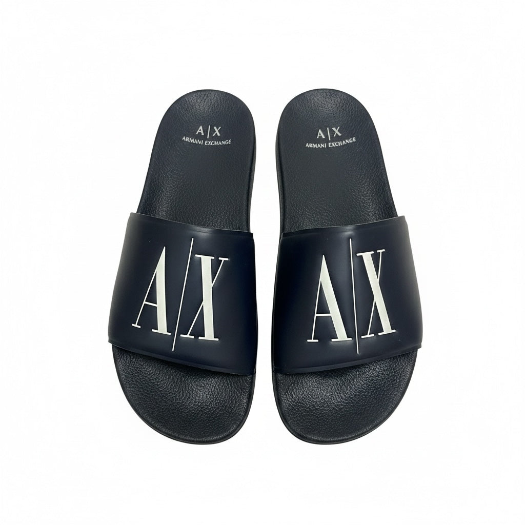 picknpack navy blue Armani Exchange slide sandals with white A|X logo on the strap and contoured footbed