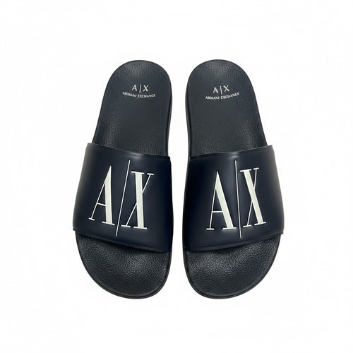 picknpack navy blue Armani Exchange slide sandals with white A|X logo on the strap and contoured footbed