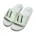 picknpack Armani Exchange white slide sandals with black A|X logo on the strap and contoured footbed