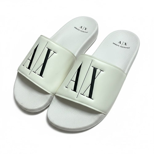picknpack Armani Exchange white slide sandals with black A|X logo on the strap and contoured footbed