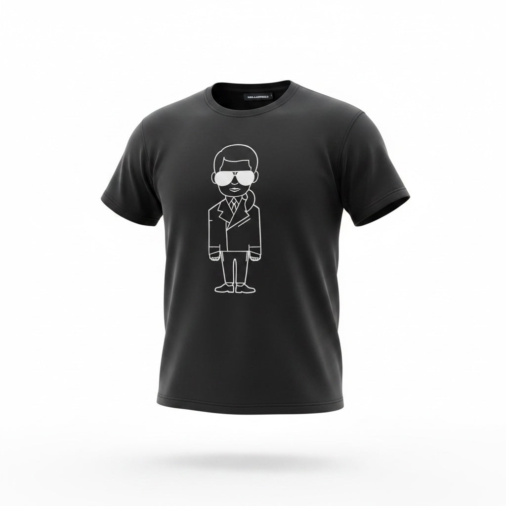 picknpack black crew neck cotton t-shirt featuring a white stylized graphic print of a fashion icon on the chest