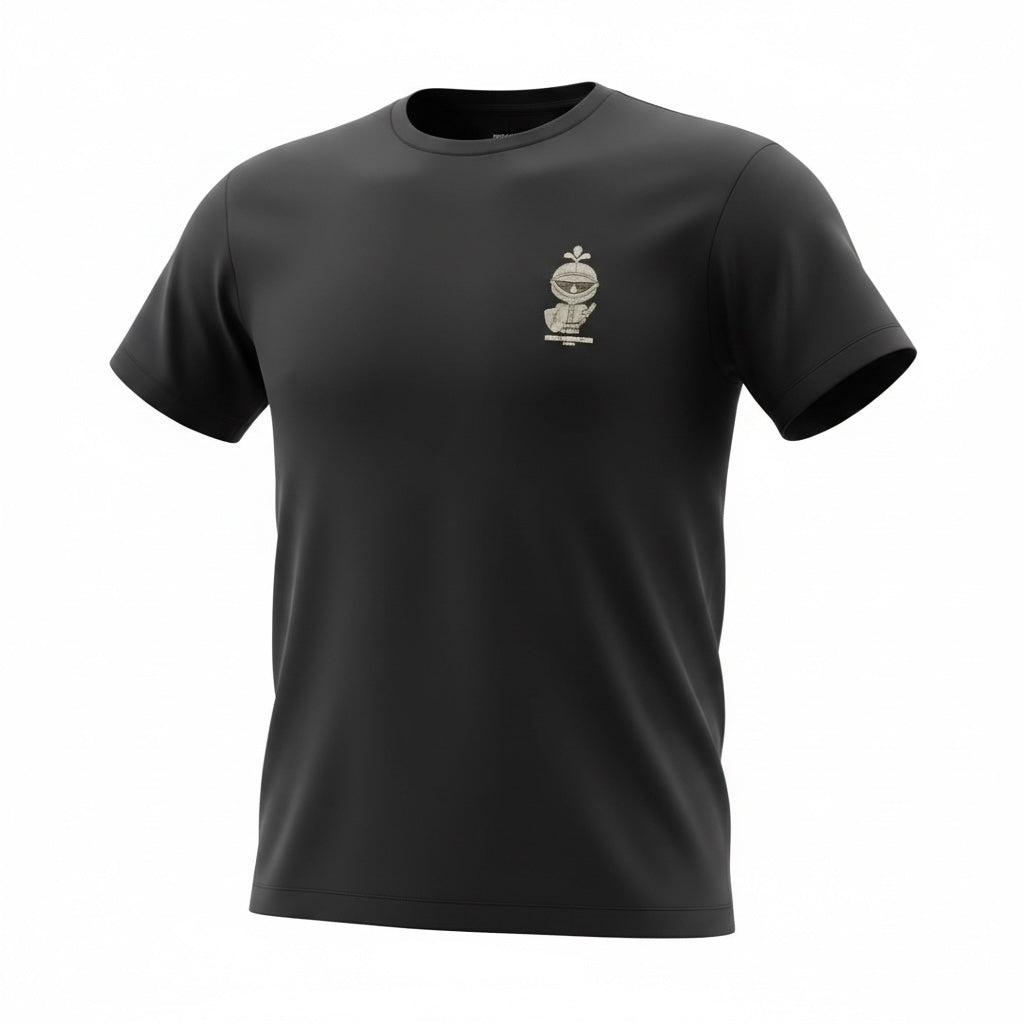 picknpack black short sleeve crew neck t-shirt with a small artistic chest graphic on soft breathable fabric