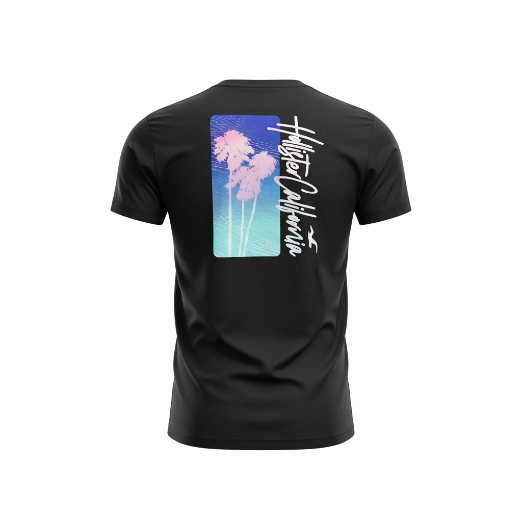 picknpack black cotton-blend short sleeve t-shirt featuring a back graphic of palm trees and a gradient logo