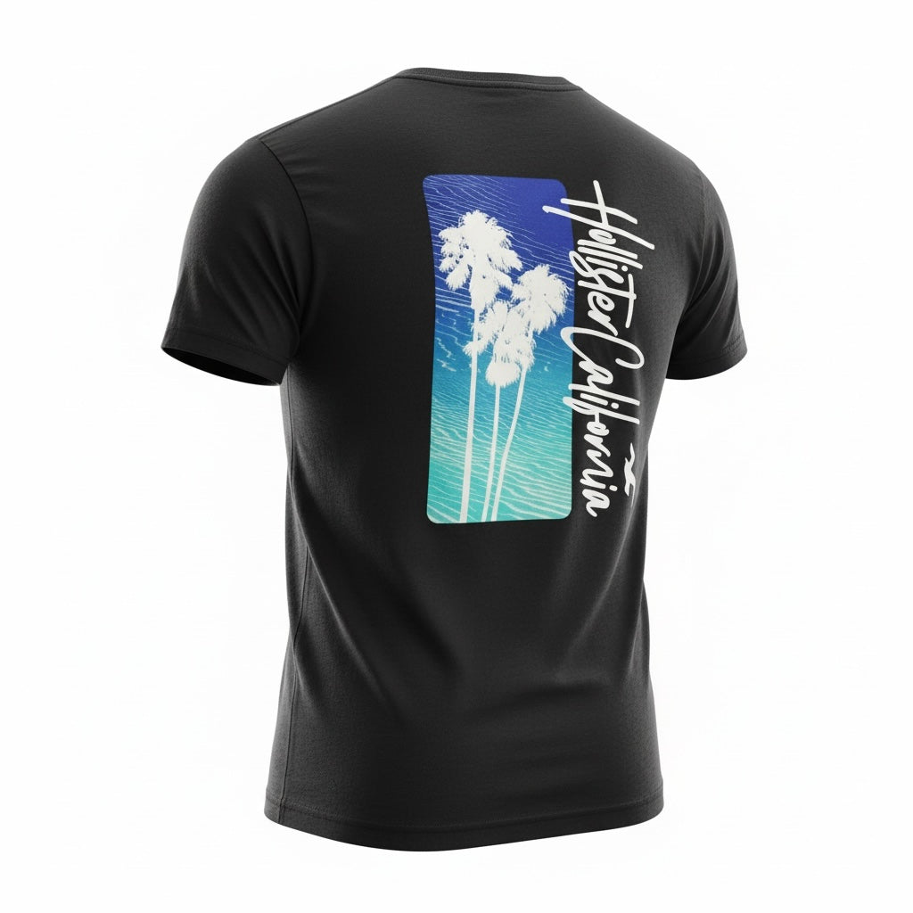 picknpack black short sleeve crew neck t-shirt with a back graphic of white palm trees and a blue gradient box
