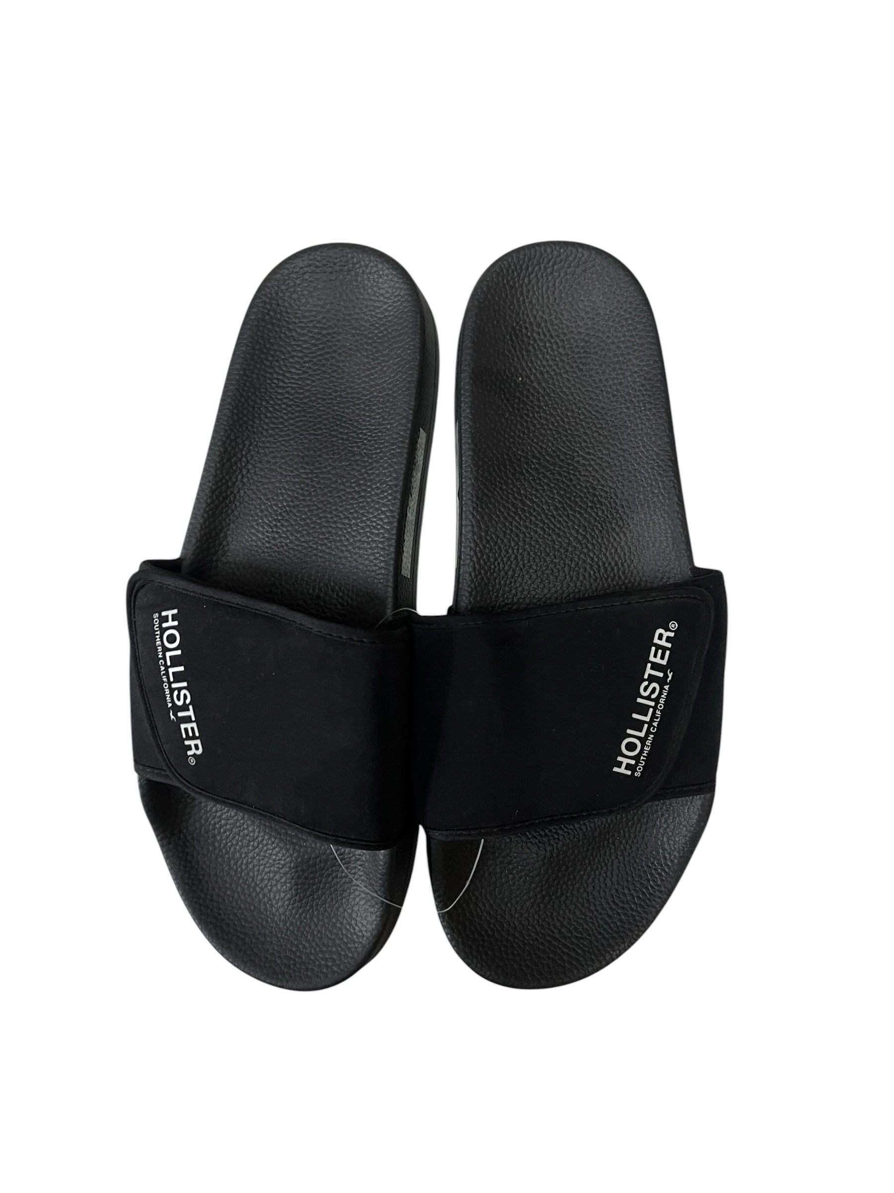 picknpack black Hollister slide sandals with wide branded straps and textured footbeds for casual summer wear