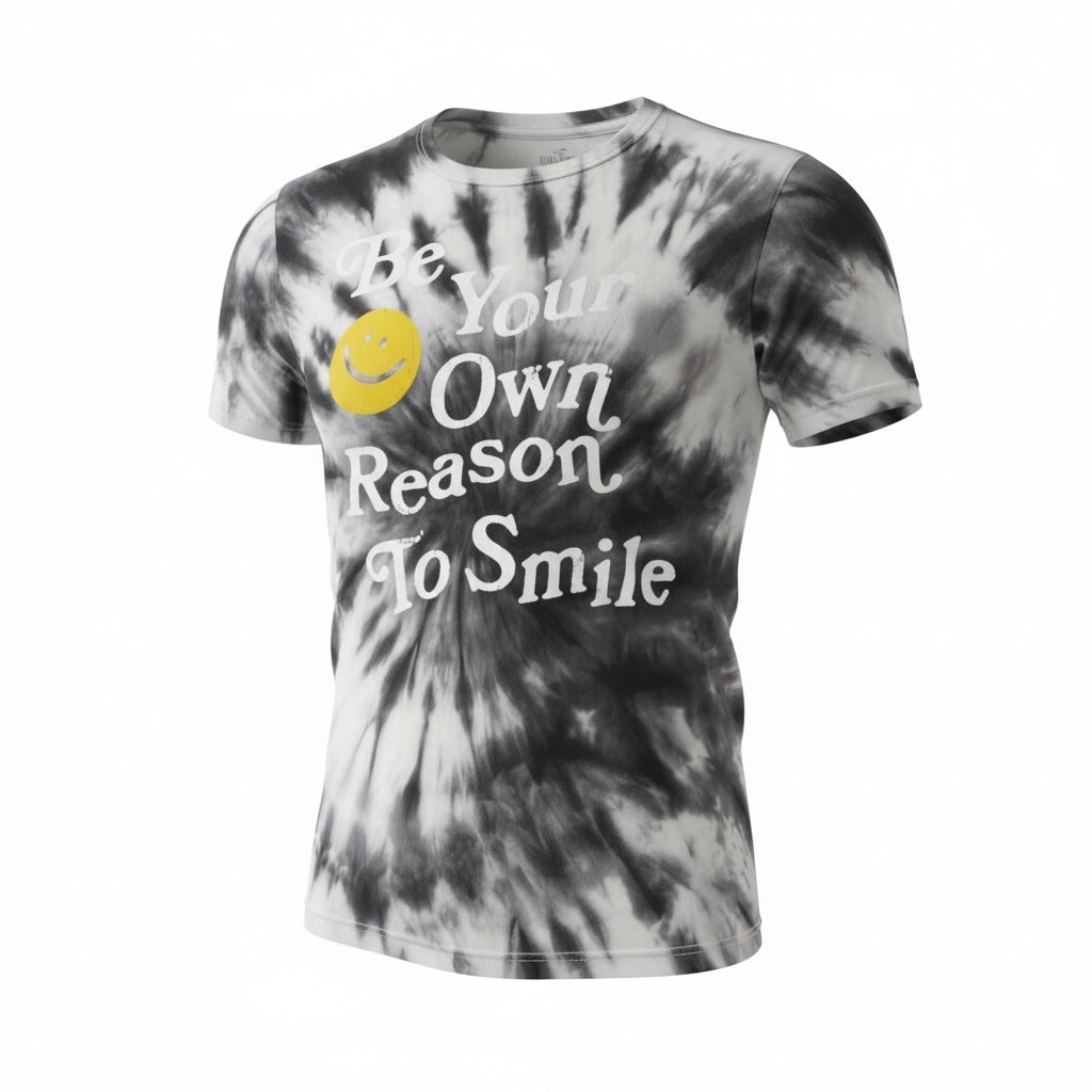 picknpack black and white spiral tie-dye crew neck t-shirt with Be Your Own Reason To Smile graphic and yellow smiley