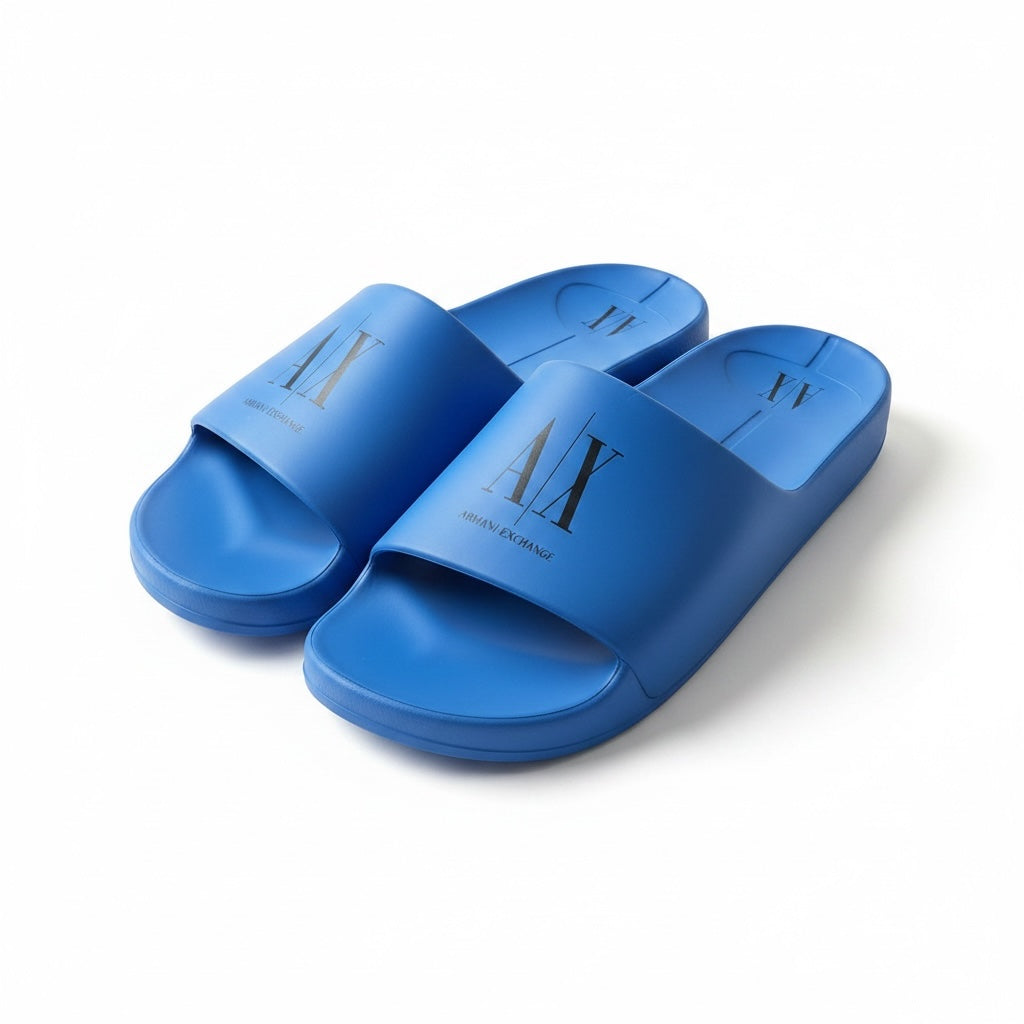 picknpack blue Armani Exchange pool slide sandals with black A|X logo on the strap and contoured footbed