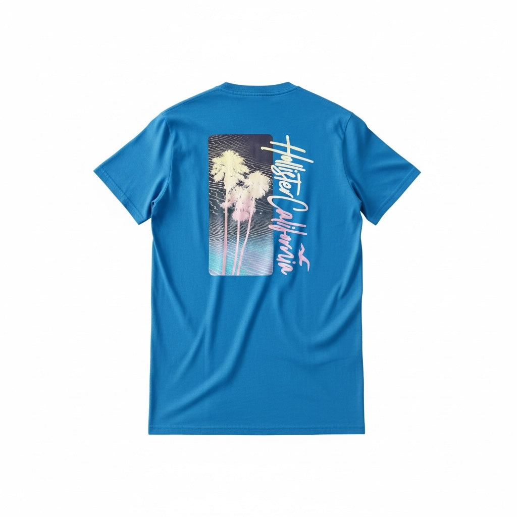 picknpack blue Hollister California crew neck t-shirt featuring a back graphic of palm trees and a sunset
