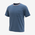 picknpack blue cotton-blend crew neck t-shirt with a chest pocket and red and white striped collar trim