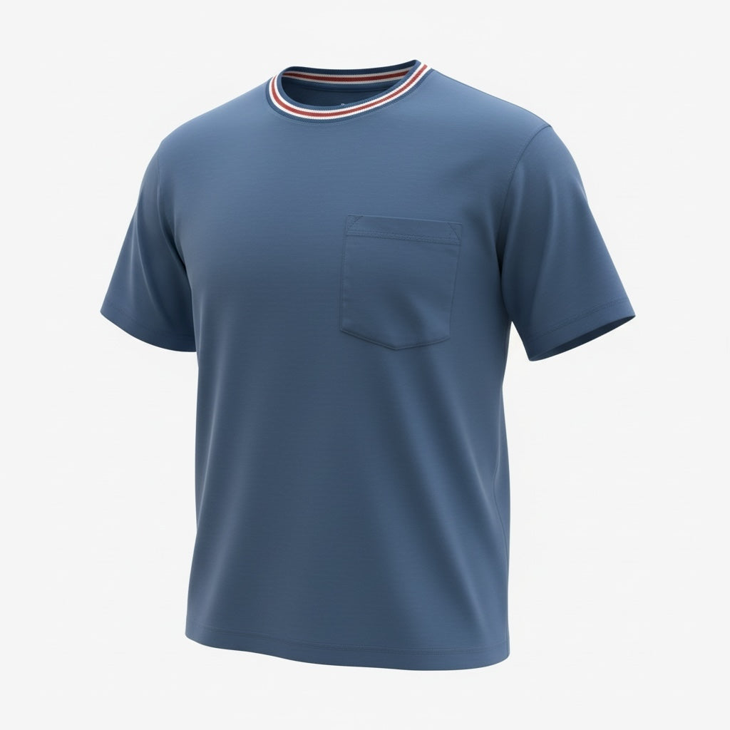 picknpack blue cotton-blend crew neck t-shirt with a chest pocket and red and white striped collar trim