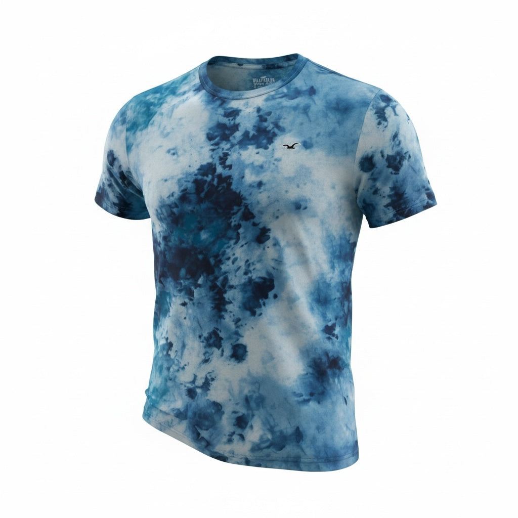 picknpack blue tie-dye crew neck t-shirt with short sleeves and a small embroidered logo on the chest.