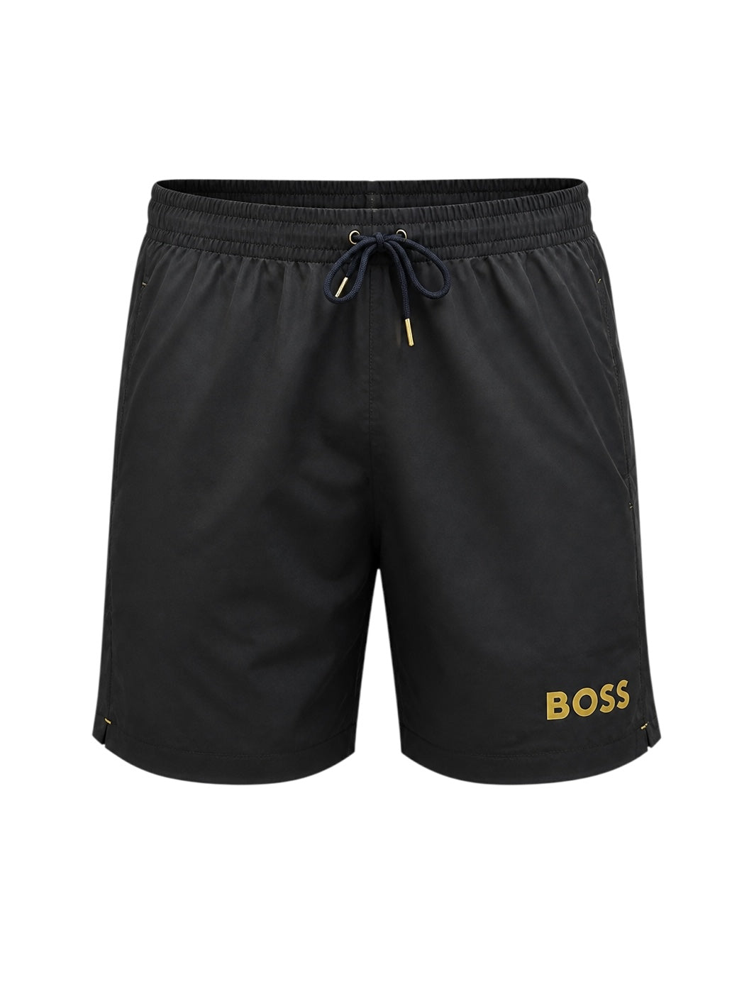 picknpack BOSS black swim shorts with elastic drawstring waist and gold logo detail on the leg