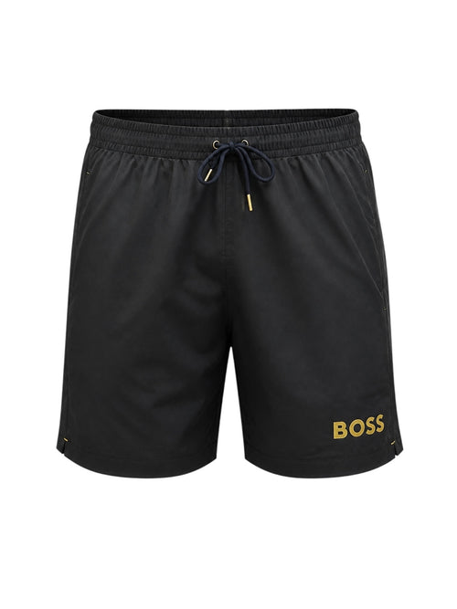 picknpack BOSS black swim shorts with elastic drawstring waist and gold logo detail on the leg