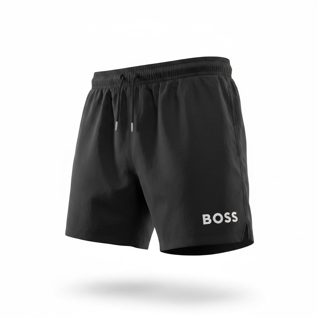 picknpack BOSS black quick-dry swim shorts with elastic drawstring waist and logo detail on the leg
