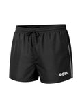 picknpack BOSS black swim shorts with elastic drawstring waist, white logo, and side stripe detail