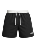 picknpack BOSS black swim shorts with a white elastic waistband, drawstring closure, and white logo on the leg.