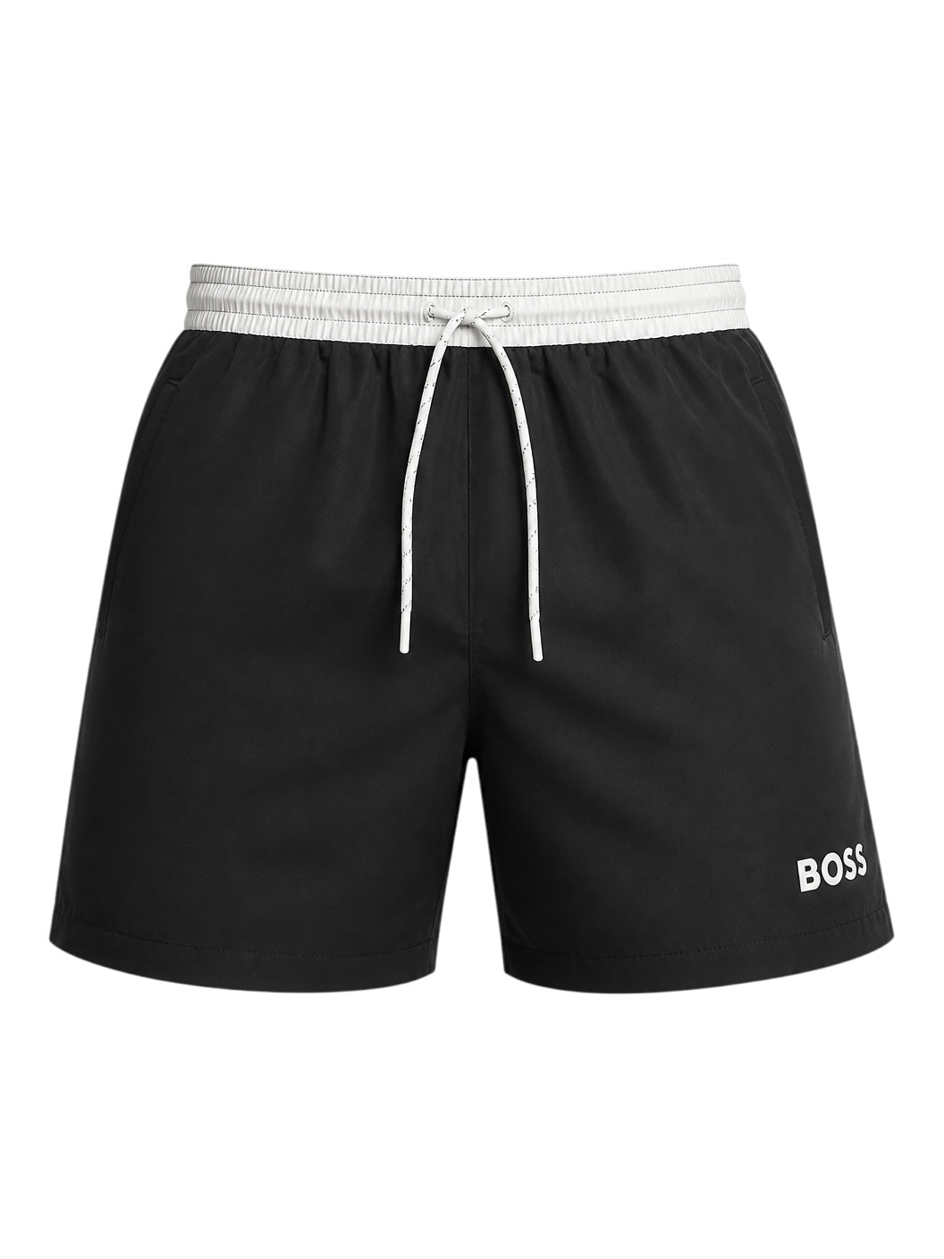 picknpack BOSS black swim shorts with a white elastic waistband, drawstring closure, and white logo on the leg.