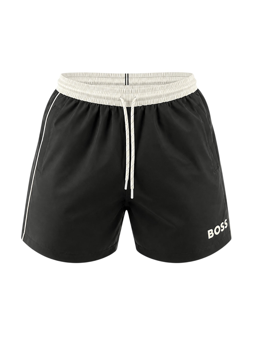 picknpack BOSS black swim shorts with a white elastic waistband, drawstring closure, and side piping detail.