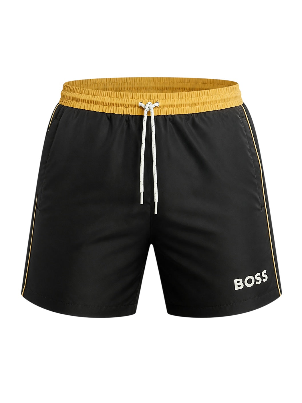 picknpack BOSS black swim shorts with a mustard yellow elasticated waistband, drawstring, and logo detail.