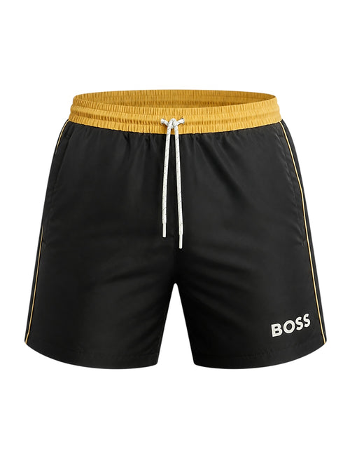 picknpack BOSS black swim shorts with a mustard yellow elasticated waistband, drawstring, and logo detail.