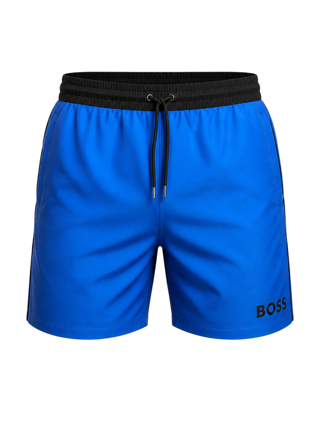 picknpack BOSS vibrant blue swim shorts with a black elastic drawstring waistband and side logo detail.