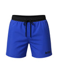 picknpack BOSS blue swim shorts with a black elasticated drawstring waistband and logo detail on the leg