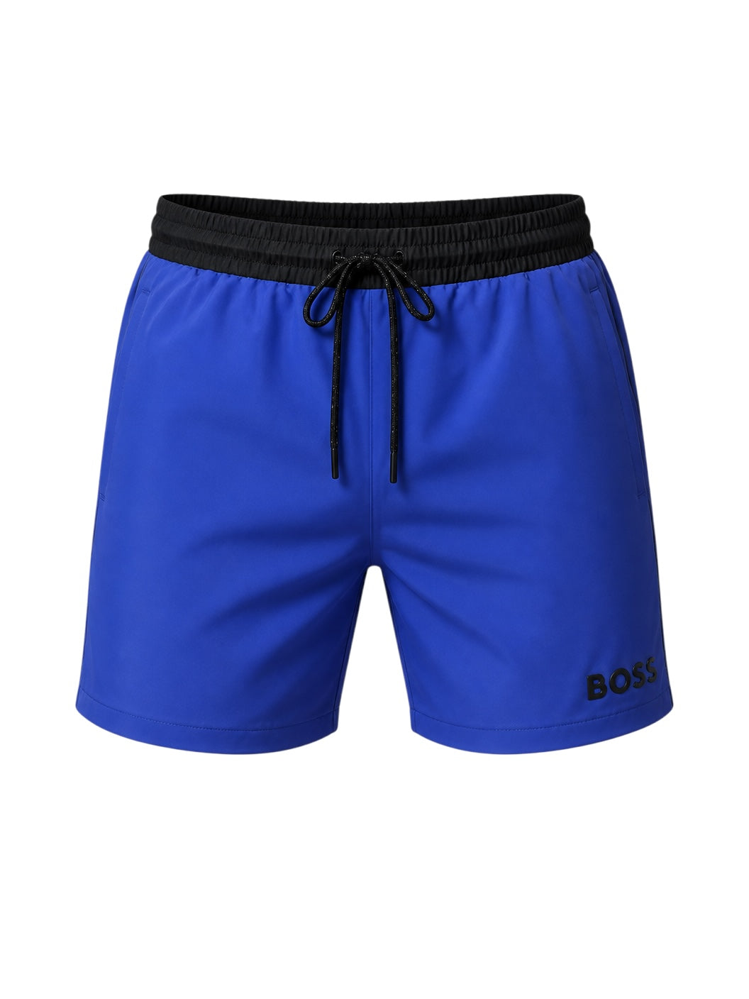 picknpack BOSS blue swim shorts with a black elasticated drawstring waistband and logo detail on the leg