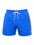 picknpack BOSS electric blue swim shorts with white drawstring, elastic waist, and side-stripe detailing.