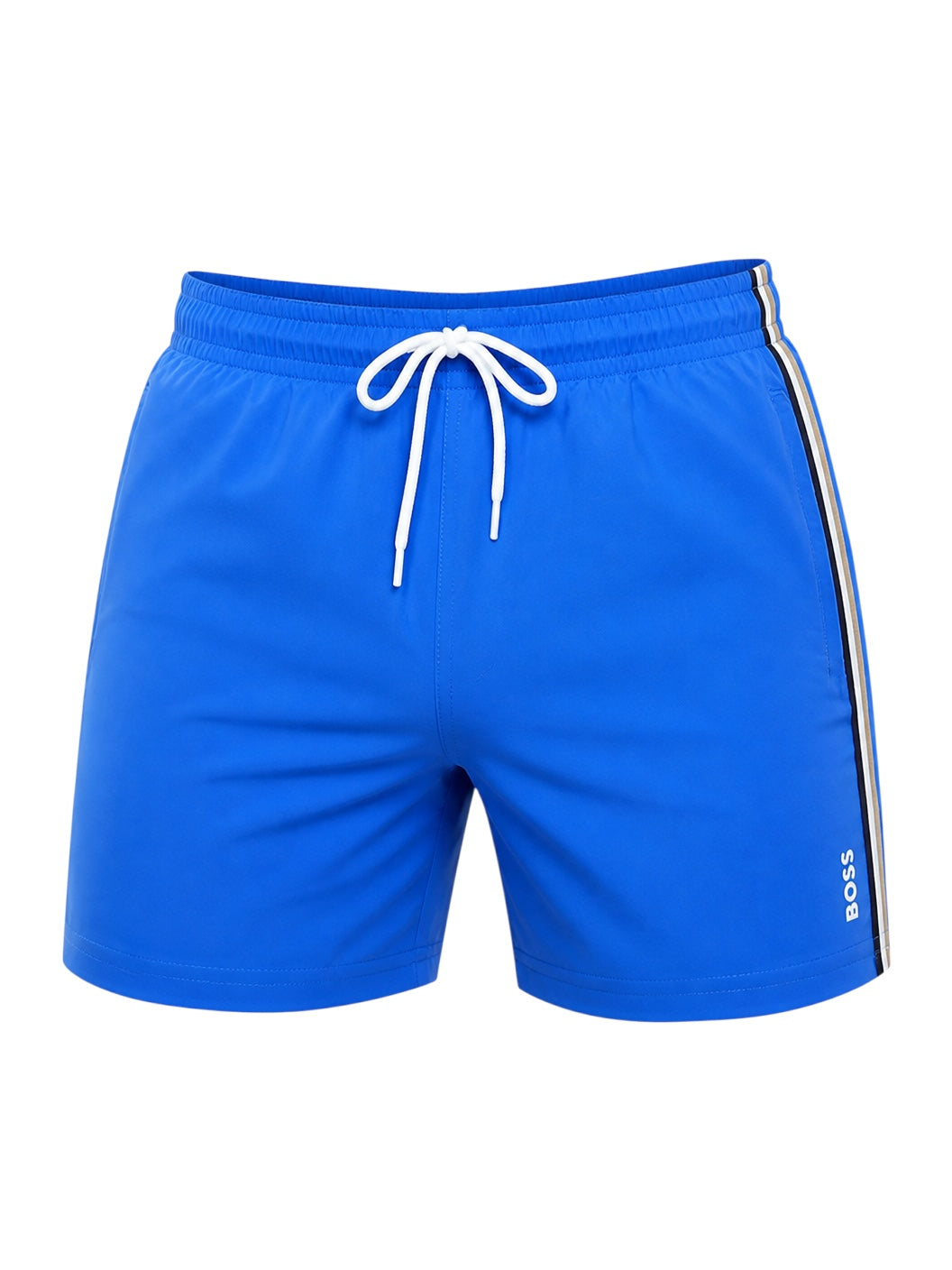 picknpack BOSS electric blue swim shorts with white drawstring, elastic waist, and side-stripe detailing.