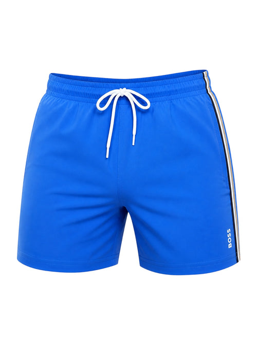 picknpack BOSS electric blue swim shorts with white drawstring, elastic waist, and side-stripe detailing.