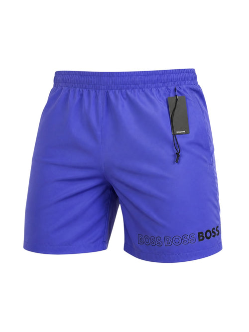 picknpack BOSS blue quick-drying swim shorts with elasticated waistband and printed logo hem