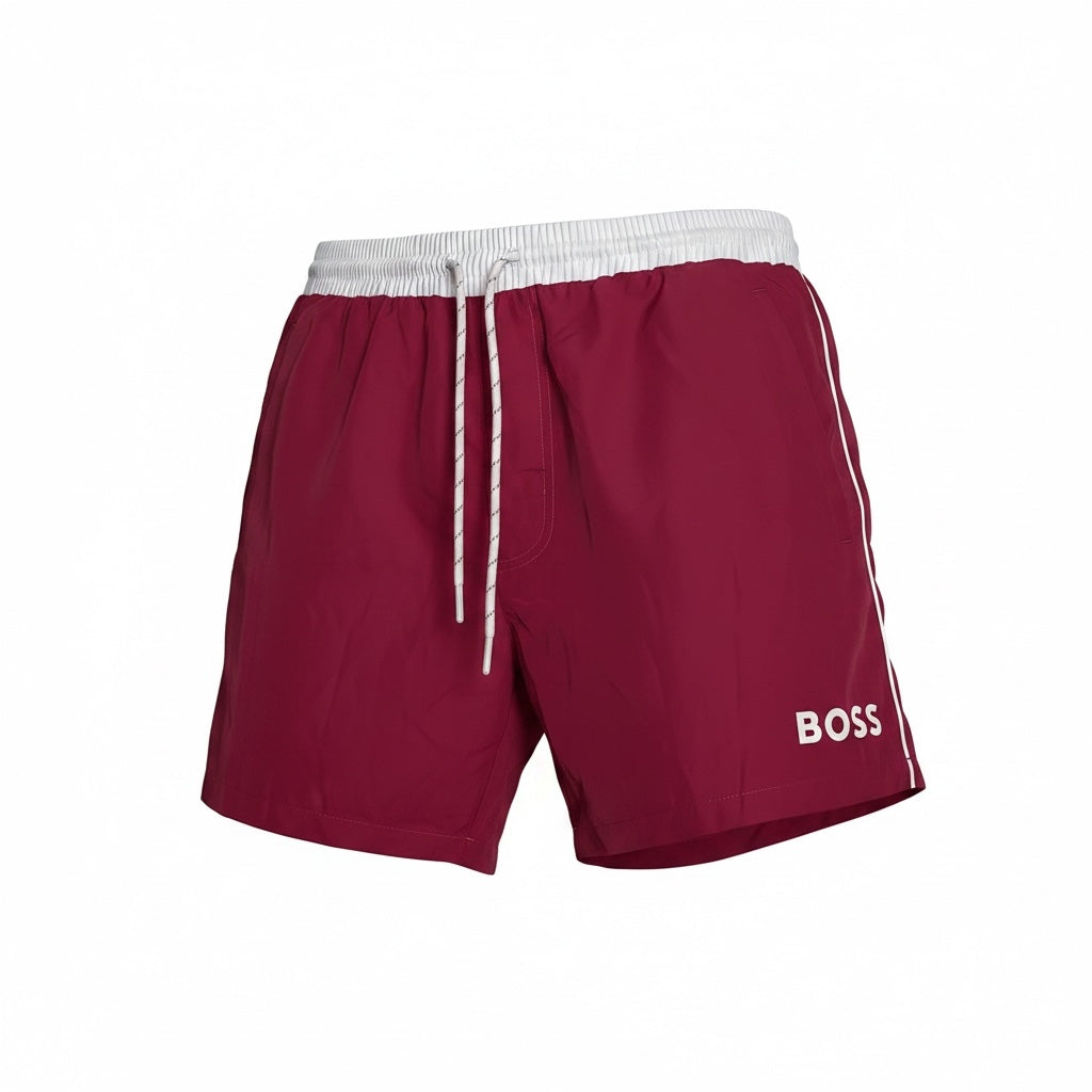picknpack BOSS burgundy swim shorts with a white elastic drawstring waistband and side logo detail