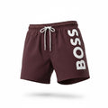 picknpack BOSS burgundy swim shorts with white logo print on the leg and adjustable drawstring waistband
