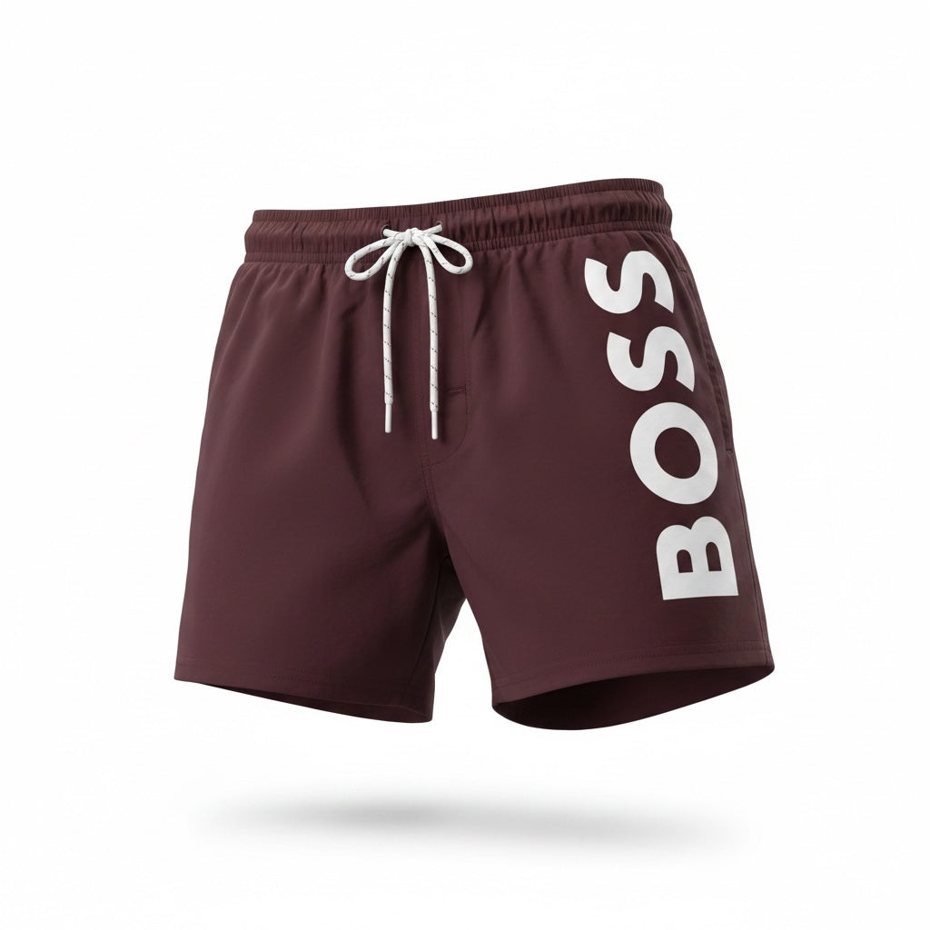 picknpack BOSS burgundy swim shorts with white logo print on the leg and adjustable drawstring waistband