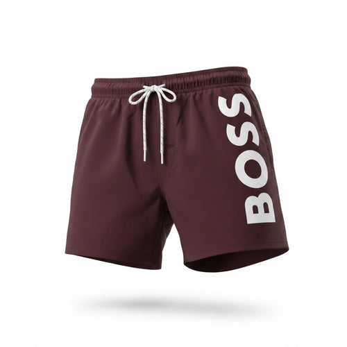 picknpack BOSS burgundy swim shorts with white logo print on the leg and adjustable drawstring waistband