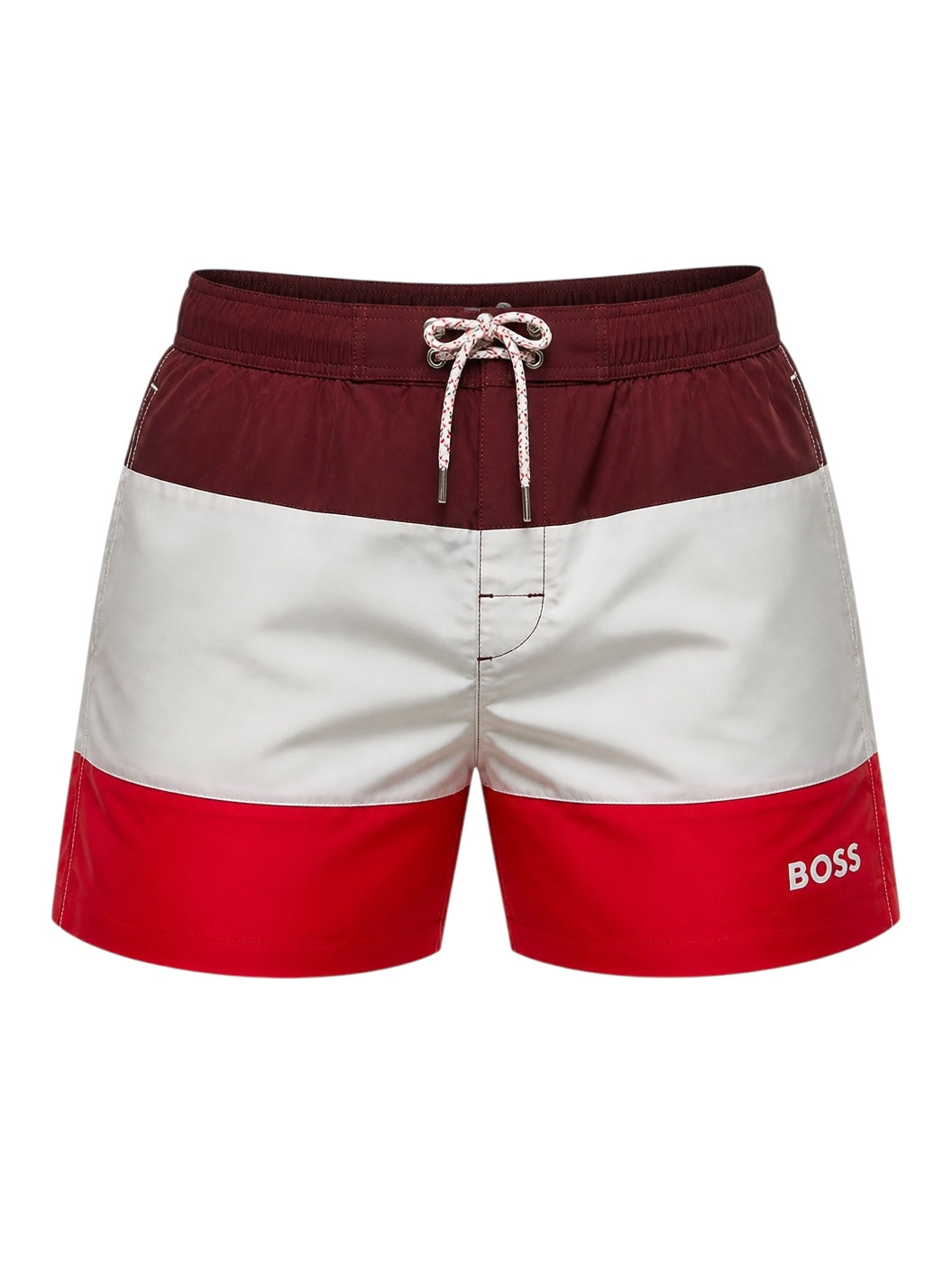 picknpack BOSS color block swim shorts in burgundy, white, and red with an elastic drawstring waist and logo detail.