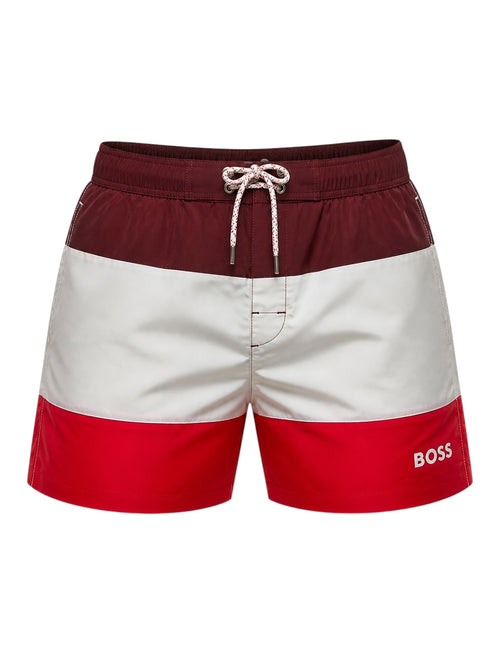 picknpack BOSS color block swim shorts in burgundy, white, and red with an elastic drawstring waist and logo detail.
