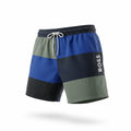 picknpack BOSS men's color-blocked swim shorts in blue, olive green, and black with drawstring waist and logo detail.