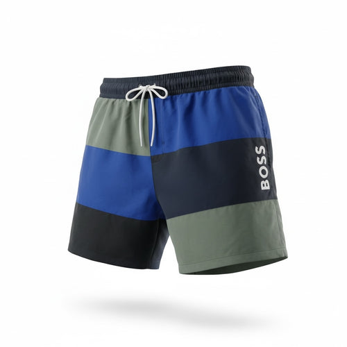 picknpack BOSS men's color-blocked swim shorts in blue, olive green, and black with drawstring waist and logo detail.