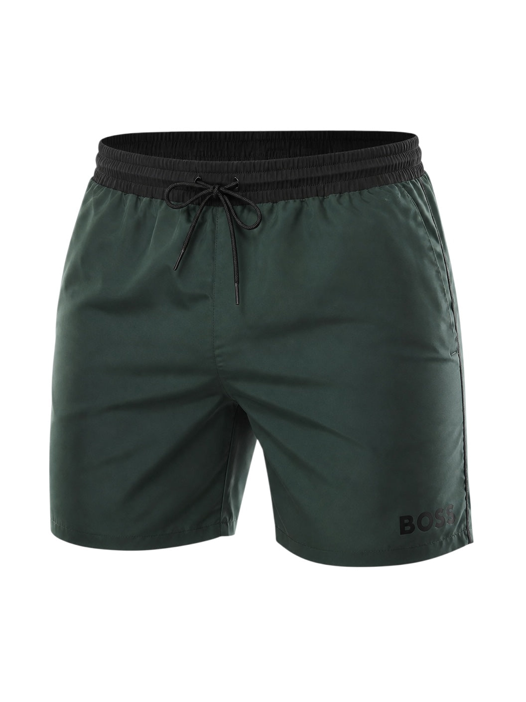 picknpack BOSS forest green swim shorts with a black elasticated waistband, drawstring closure, and leg logo branding.
