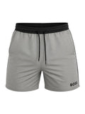 picknpack BOSS grey athletic performance shorts with a black elasticated waistband, drawstring, and side logo detail.