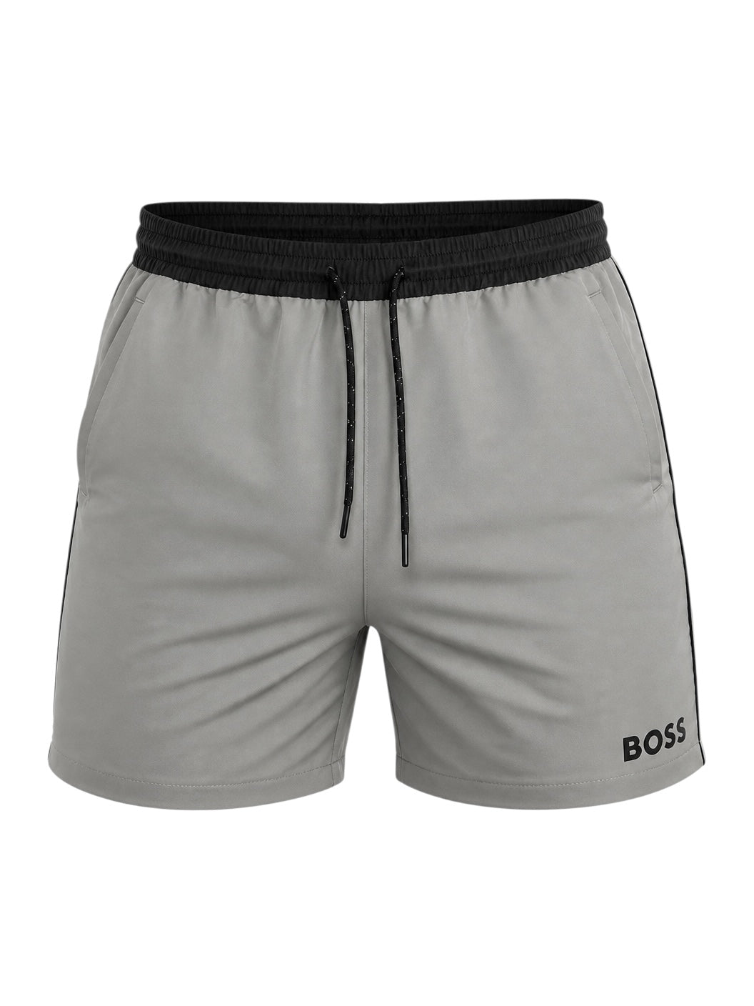 picknpack BOSS grey athletic performance shorts with a black elasticated waistband, drawstring, and side logo detail.