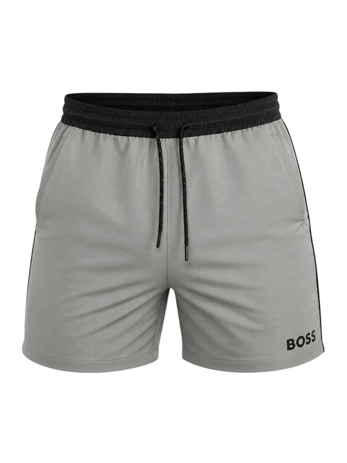 picknpack BOSS grey athletic performance shorts with a black elasticated waistband, drawstring, and side logo detail.