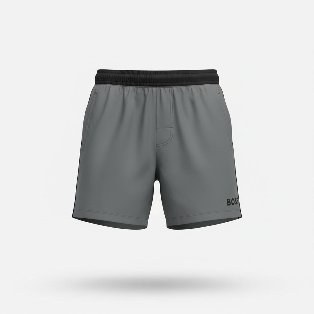 picknpack BOSS grey athletic swim shorts with a black elastic waistband and logo detail on a light background
