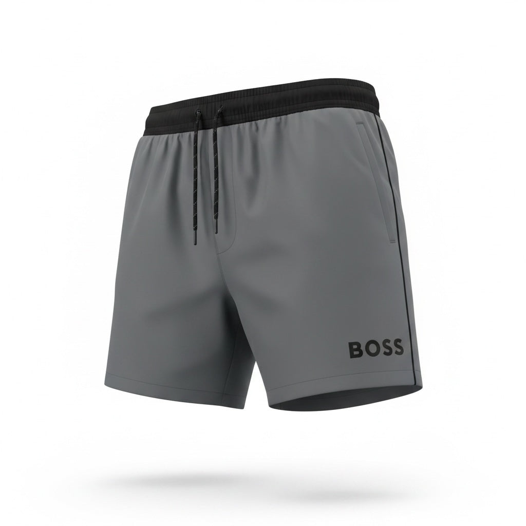 picknpack BOSS grey athletic shorts with black elastic waistband, drawstring, and logo detail on the leg.